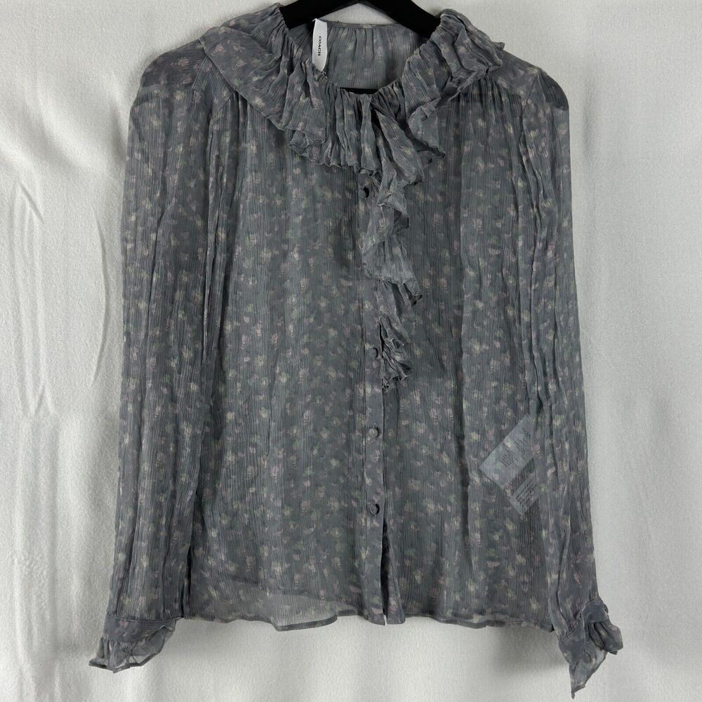 COACH‎ Sz 4 Floral Ruffle Blouse 100% Silk Chiffon Gray Button Top Semi-Sheer